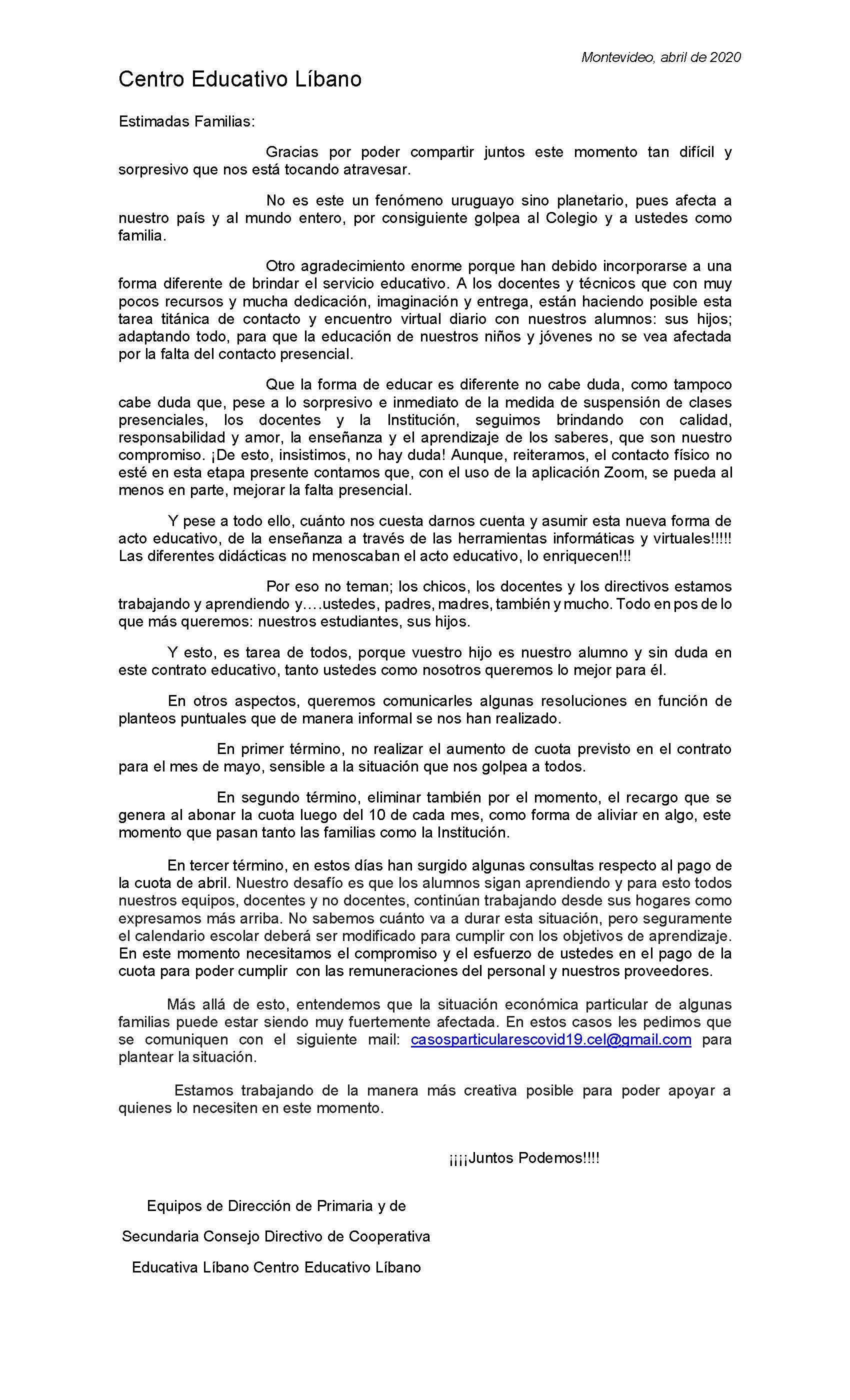 Comunicado general a familias